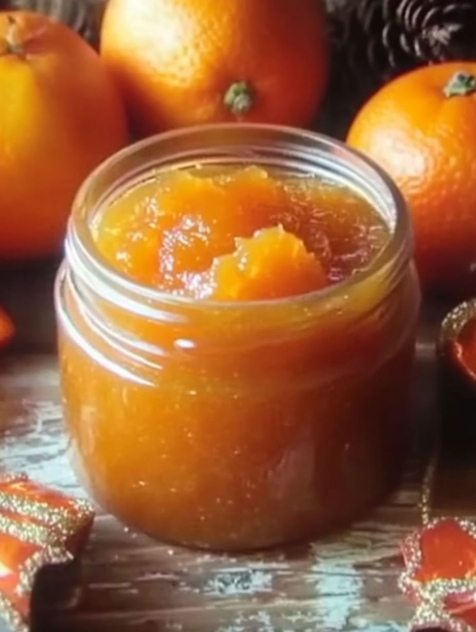 A jar of fruit preserves sits on a table.