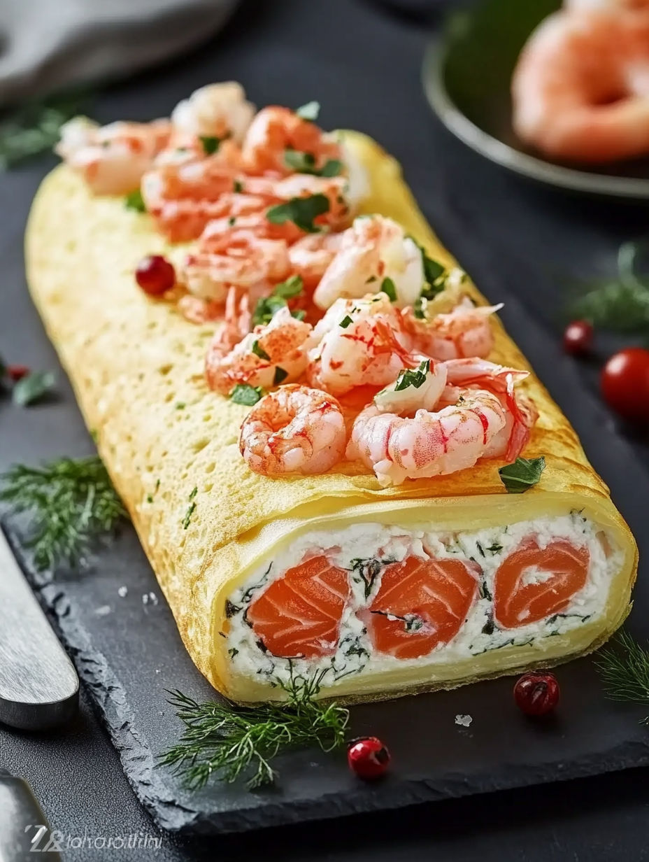 A food item with shrimp and crab meat on top.