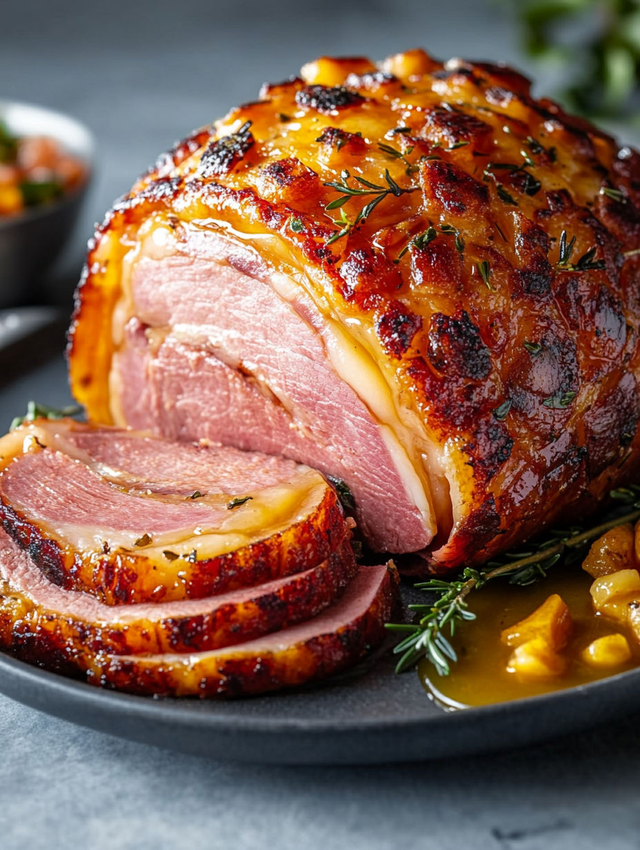 A large roast with a golden glaze.