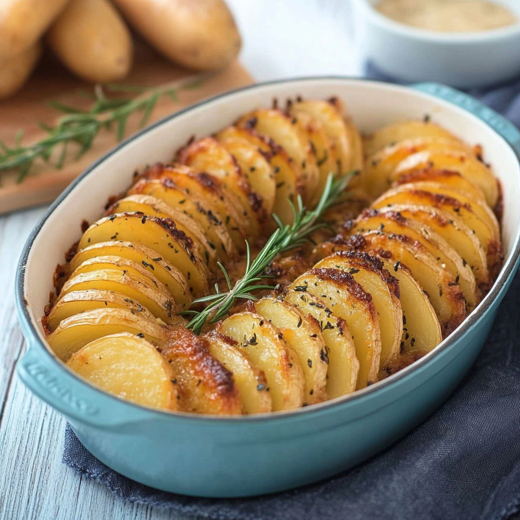 A dish of roasted potatoes with herbs.