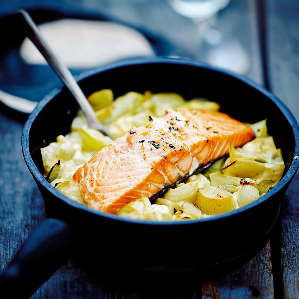 A black bowl filled with salmon and leeks.