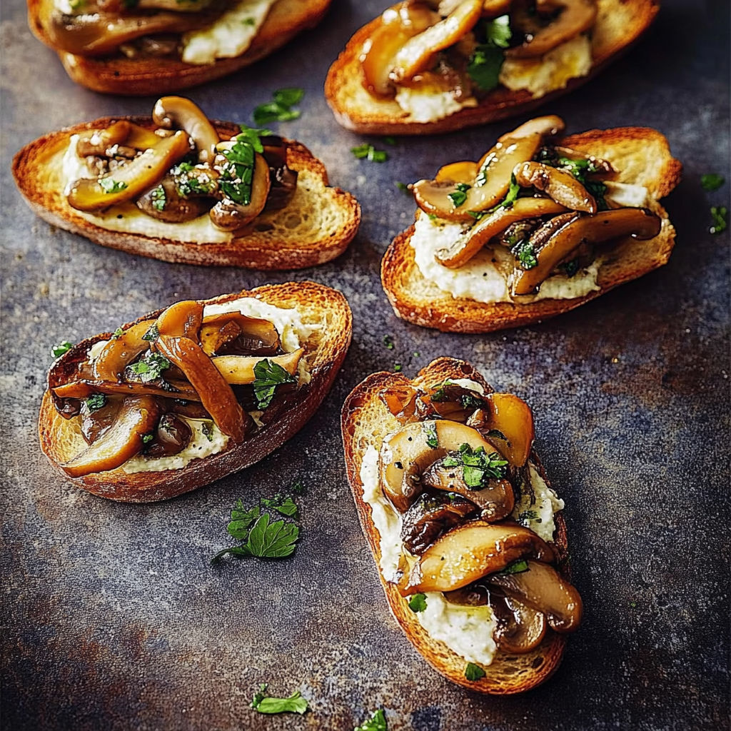 Crostini with mushrooms and cheese.