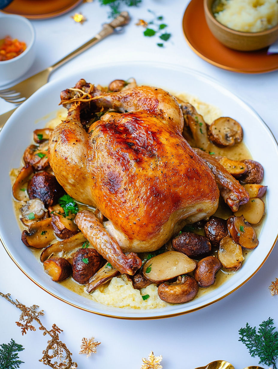 A roasted chicken with mushrooms and potatoes.