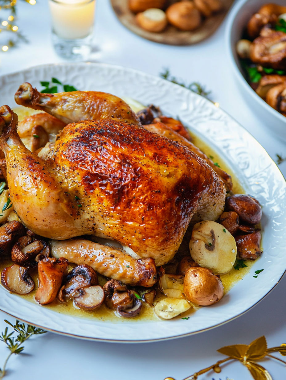 A roasted chicken with mushrooms and herbs.