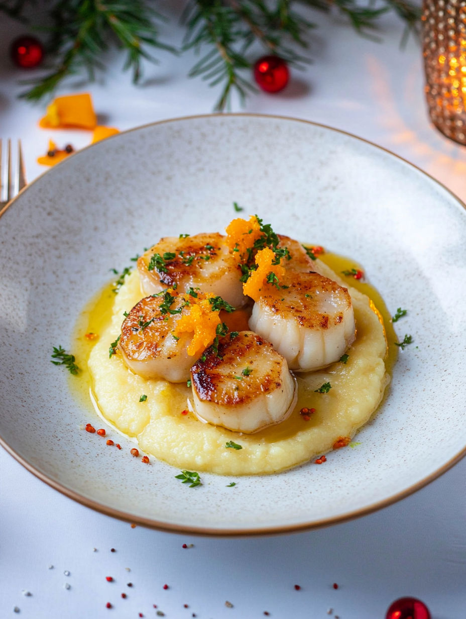 A plate of food with a white sauce and orange sauce on top.