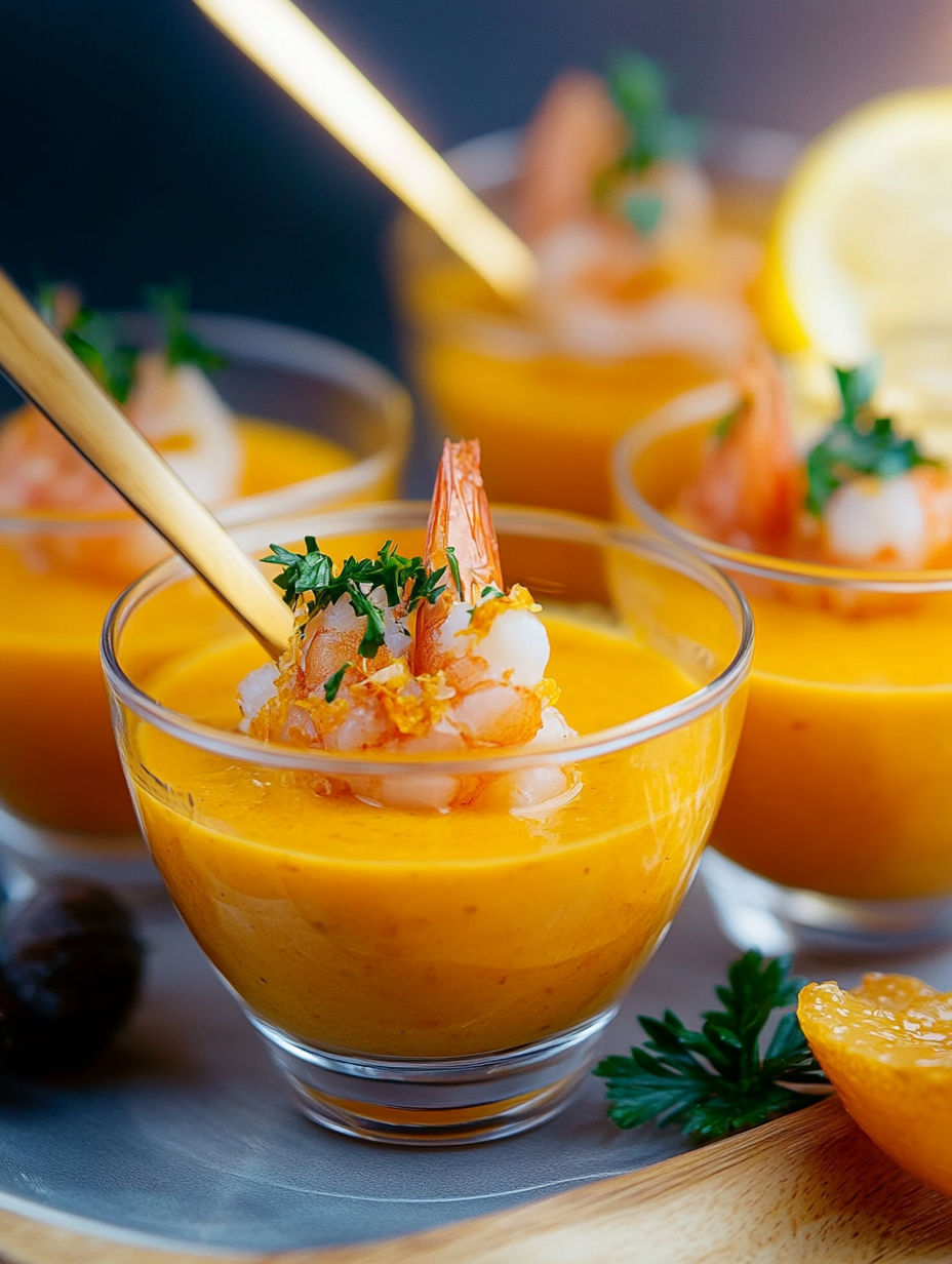 A bowl of shrimp soup with a lemon wedge.