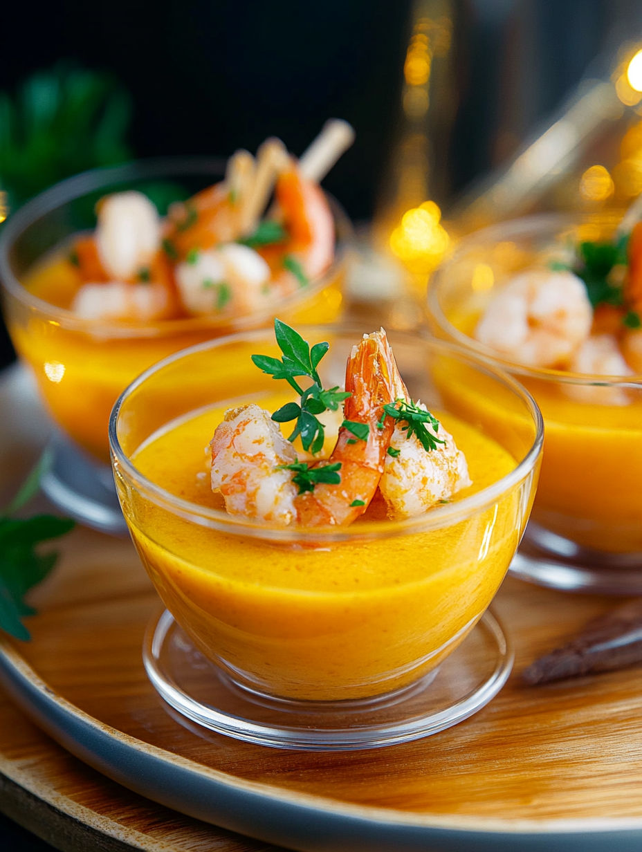 A bowl of shrimp in a yellow sauce.