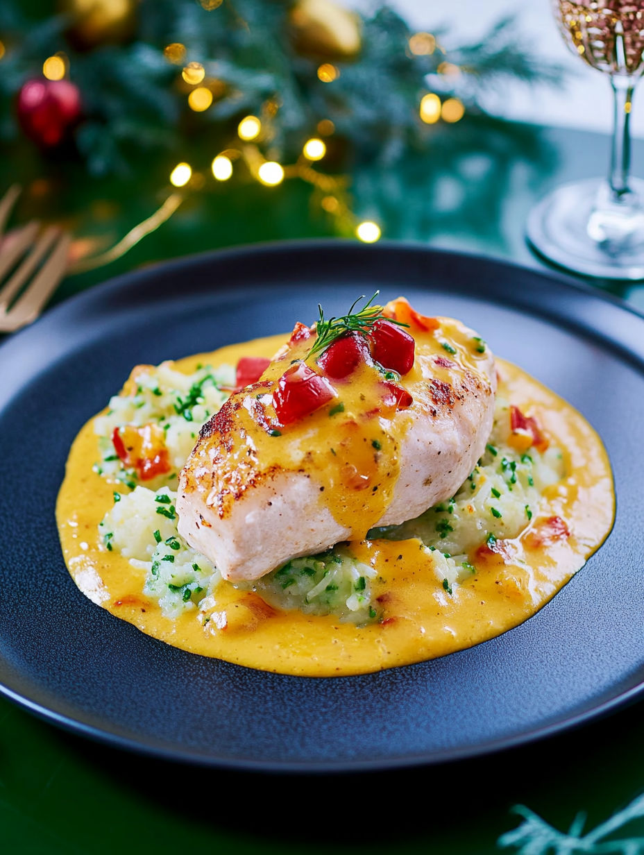 A plate of food with a chicken breast and vegetables.