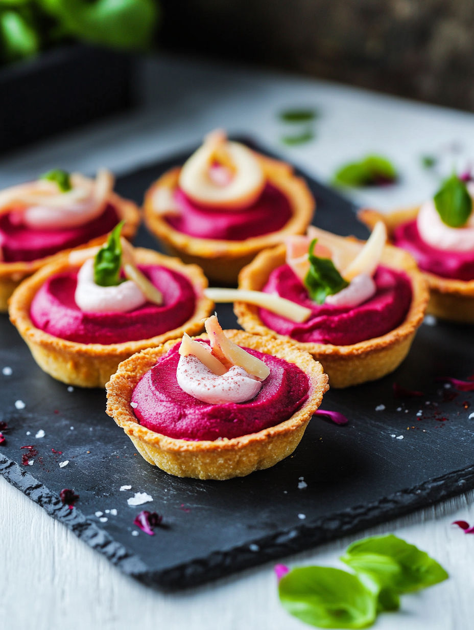 A plate of small desserts with a purple filling.
