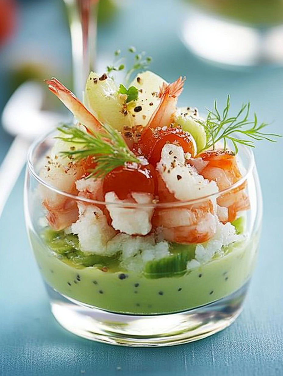 A glass bowl filled with shrimp, tomatoes, and other vegetables.