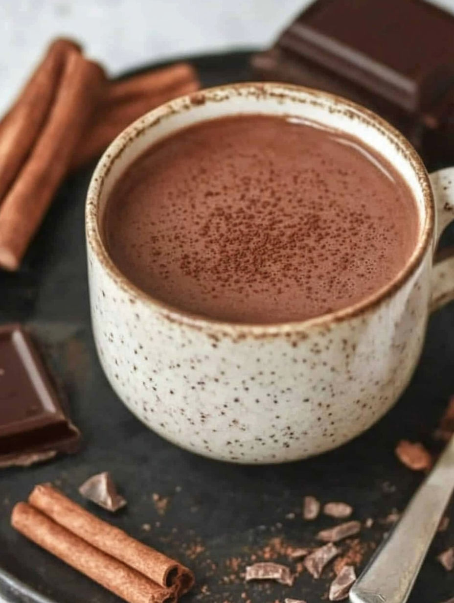 A cup of chocolate is on a table.