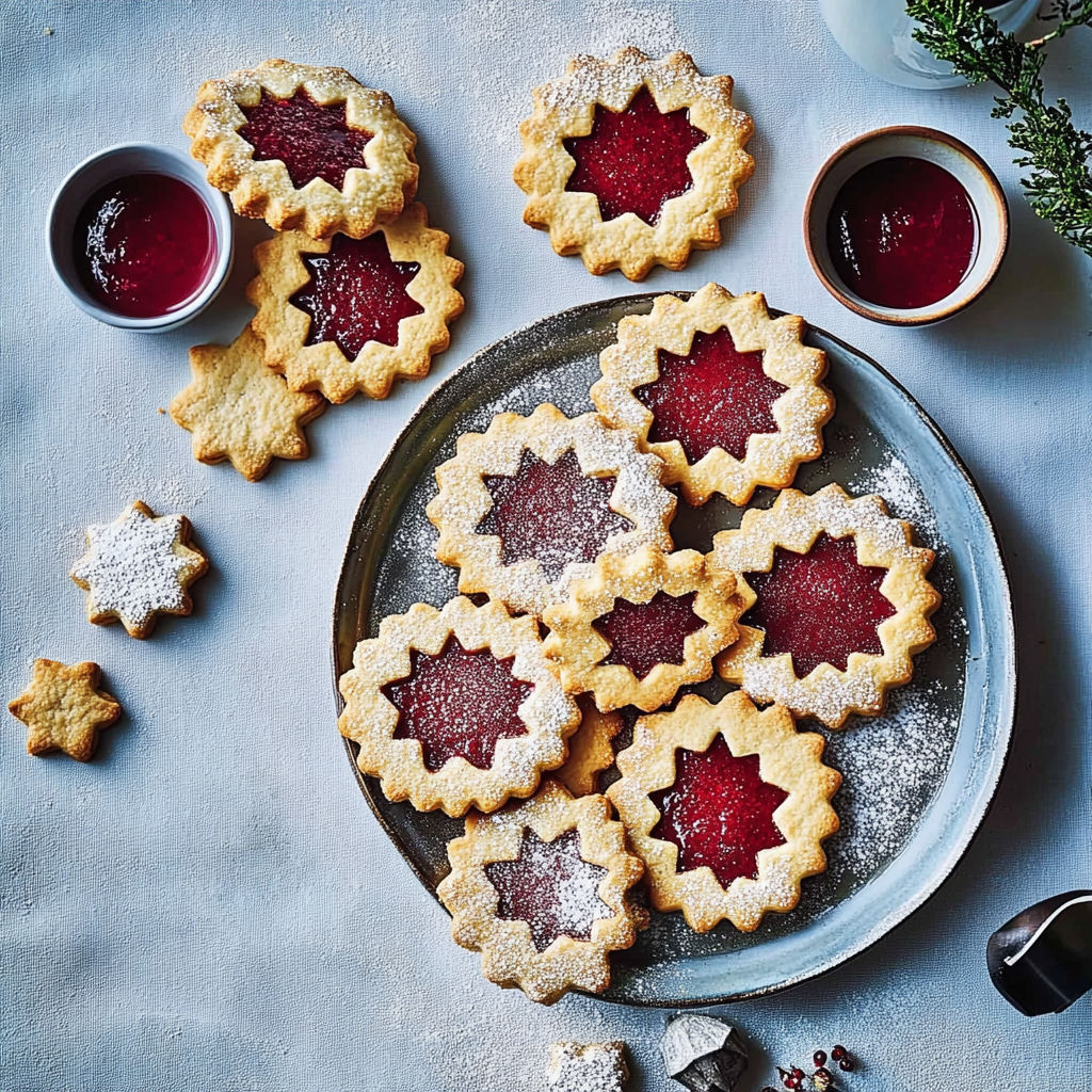 A plate of biscuits with jam in the middle.