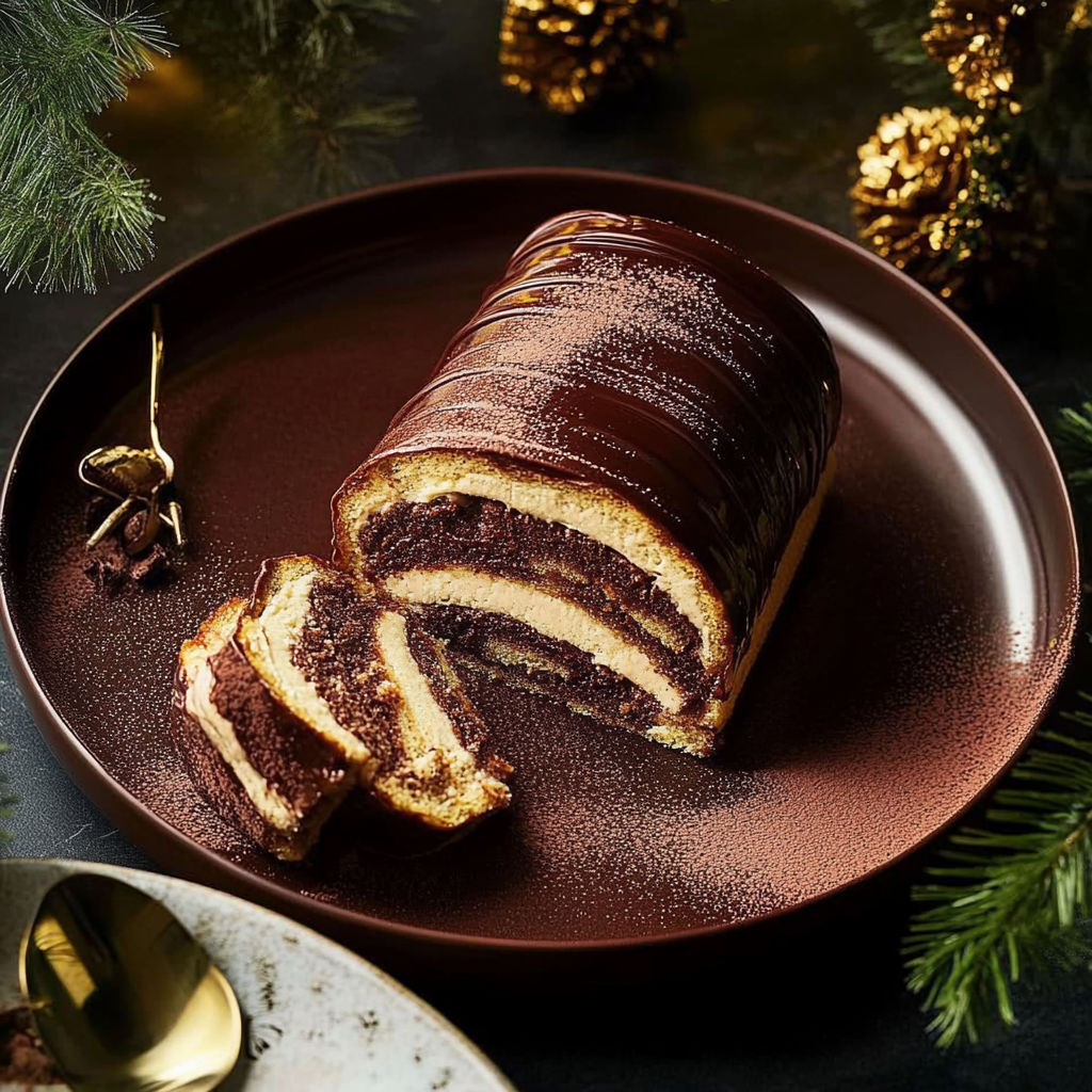 A slice of bûche tiramisu on a plate.