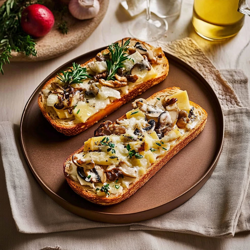 Two slices of bread with mushrooms and cheese on top.