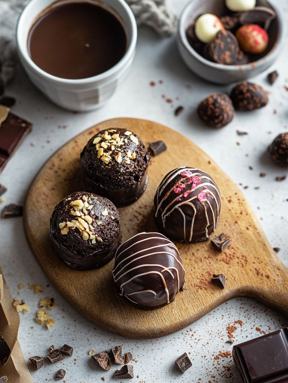 Chocolate cake balls on a wooden platter.