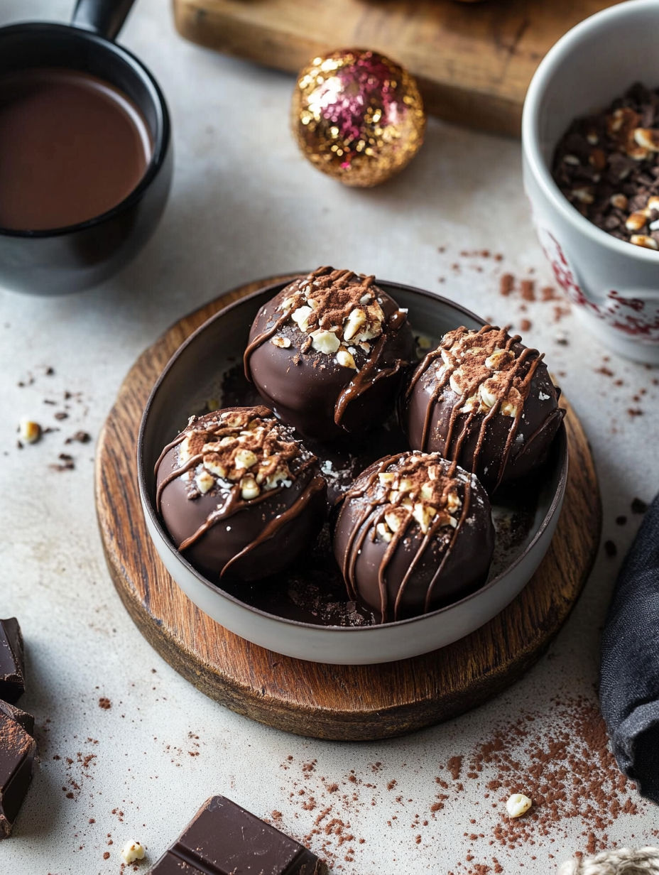 A plate of chocolate covered balls with nuts on top.