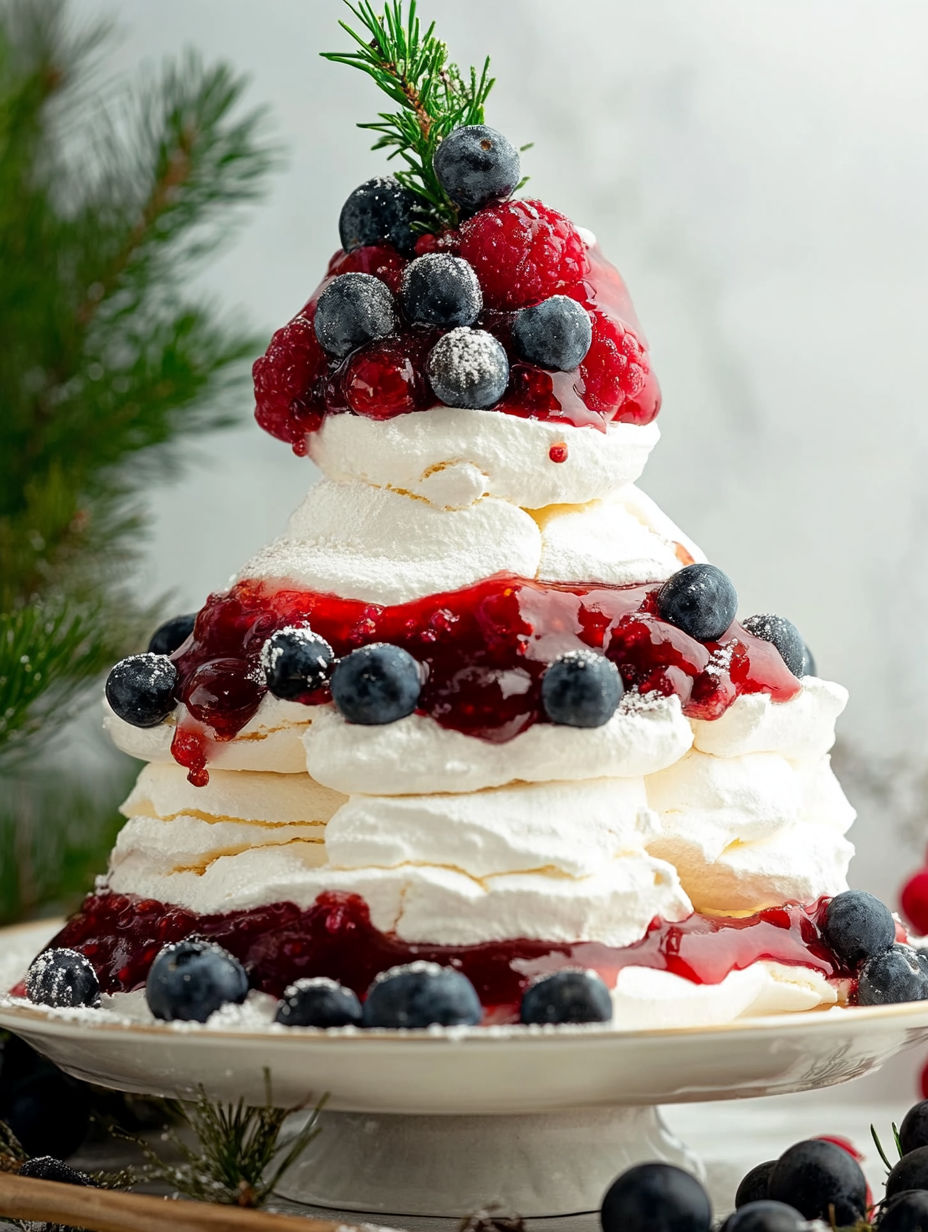 A stack of blueberries and raspberries on top of a white cake.