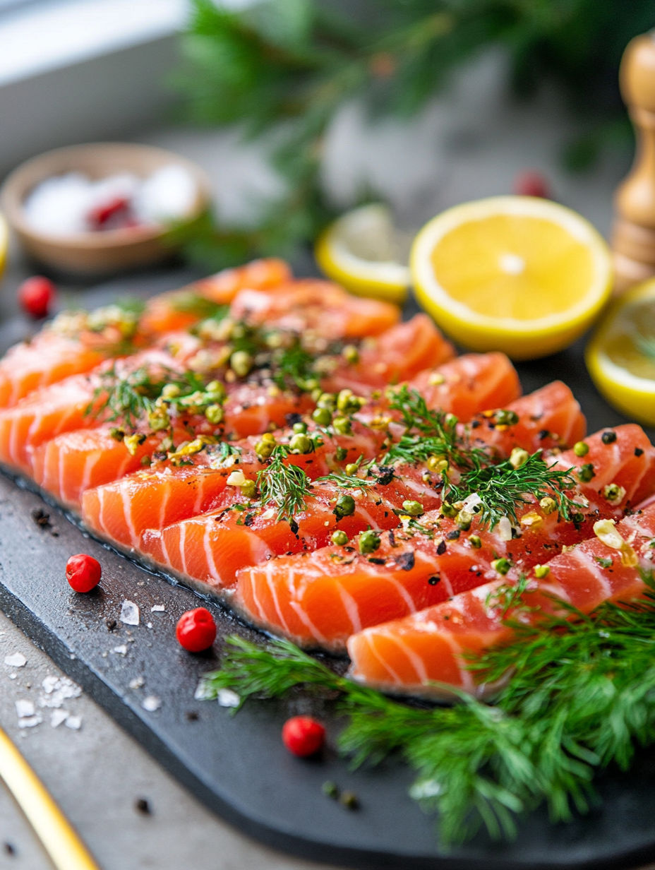A plate of raw salmon with herbs and lemon wedges.