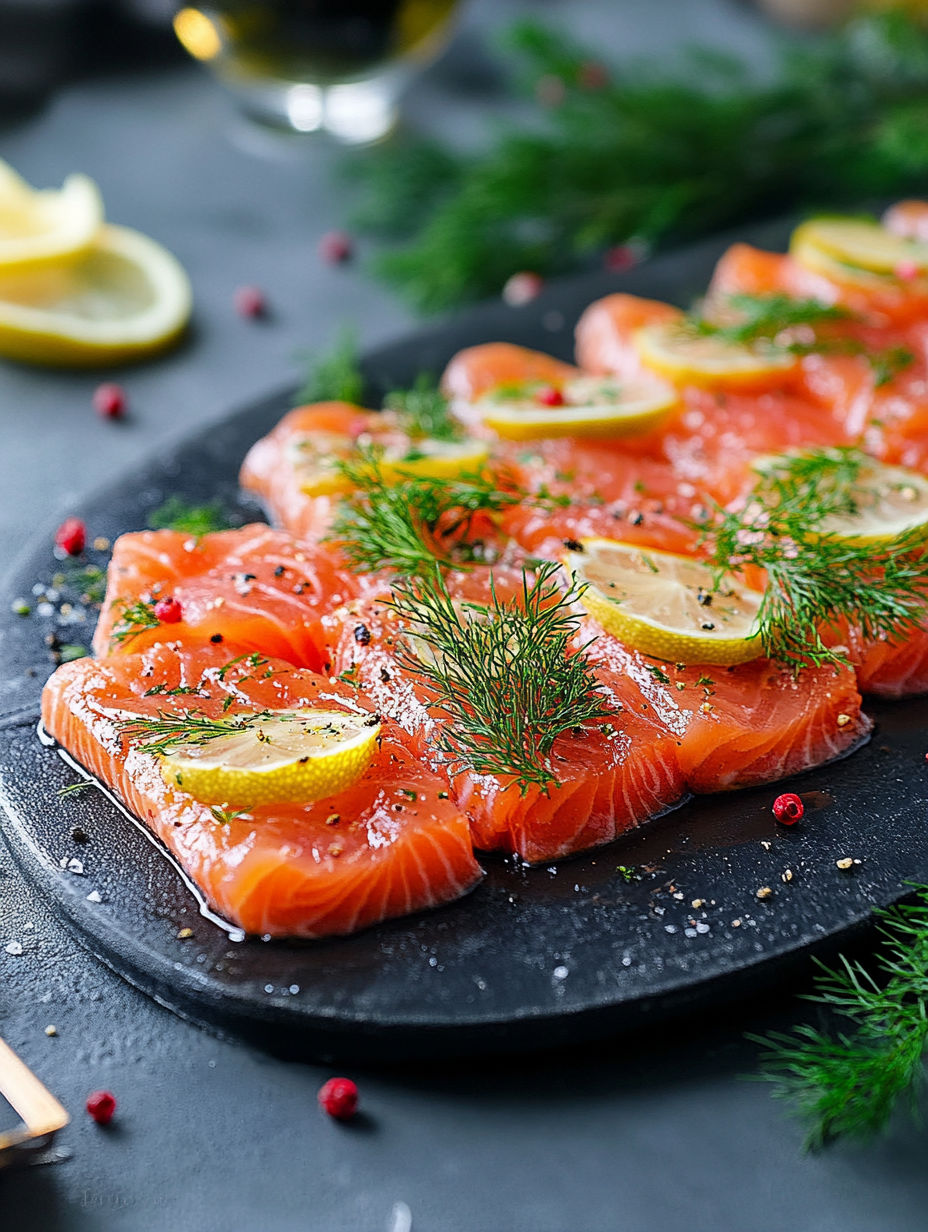 A plate of raw salmon with lemon wedges on top.