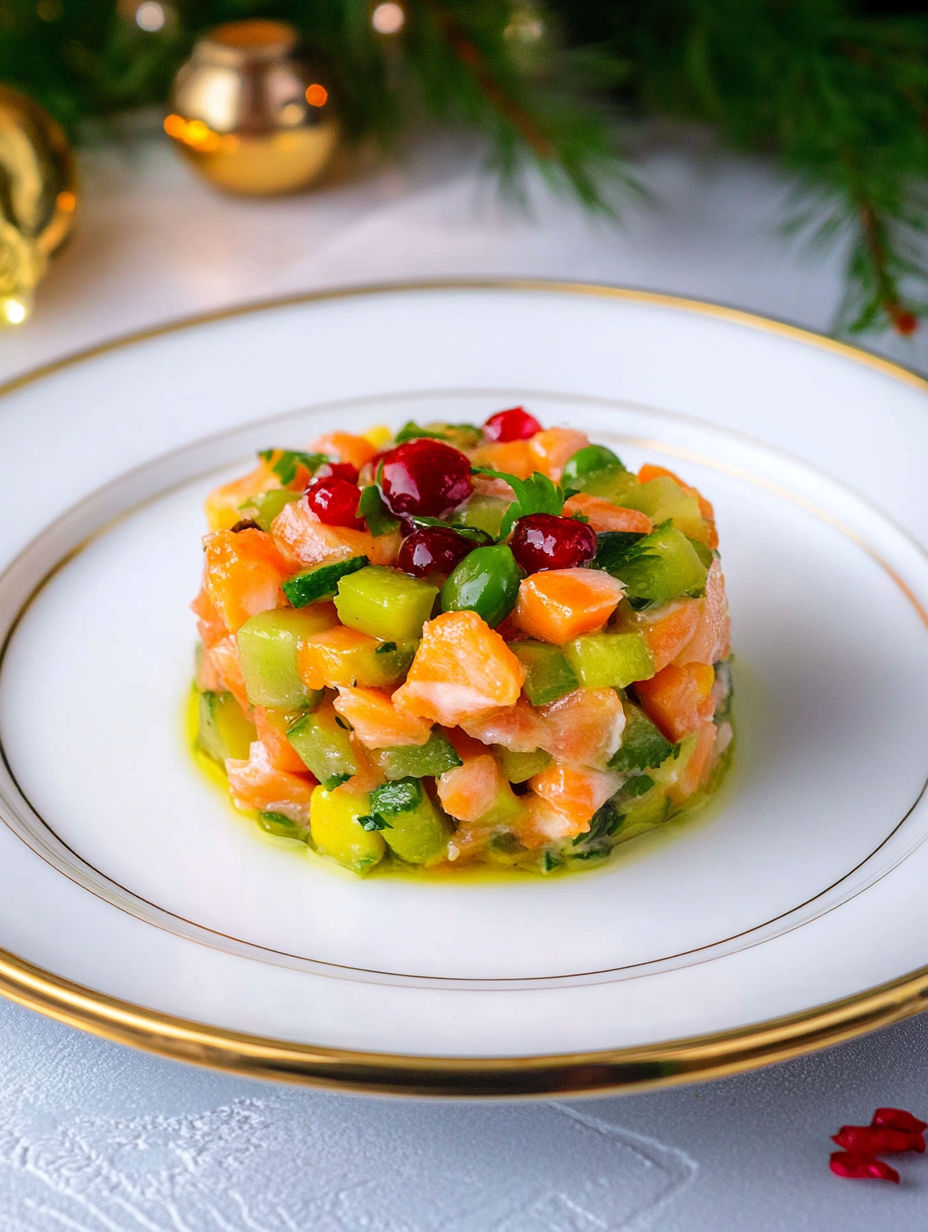 A plate of food with a salad on top.