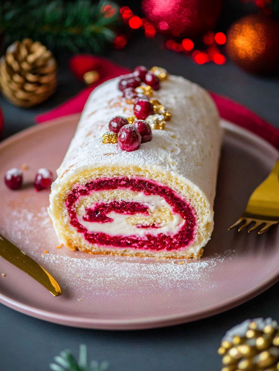 A cake with white frosting and red berries on top.