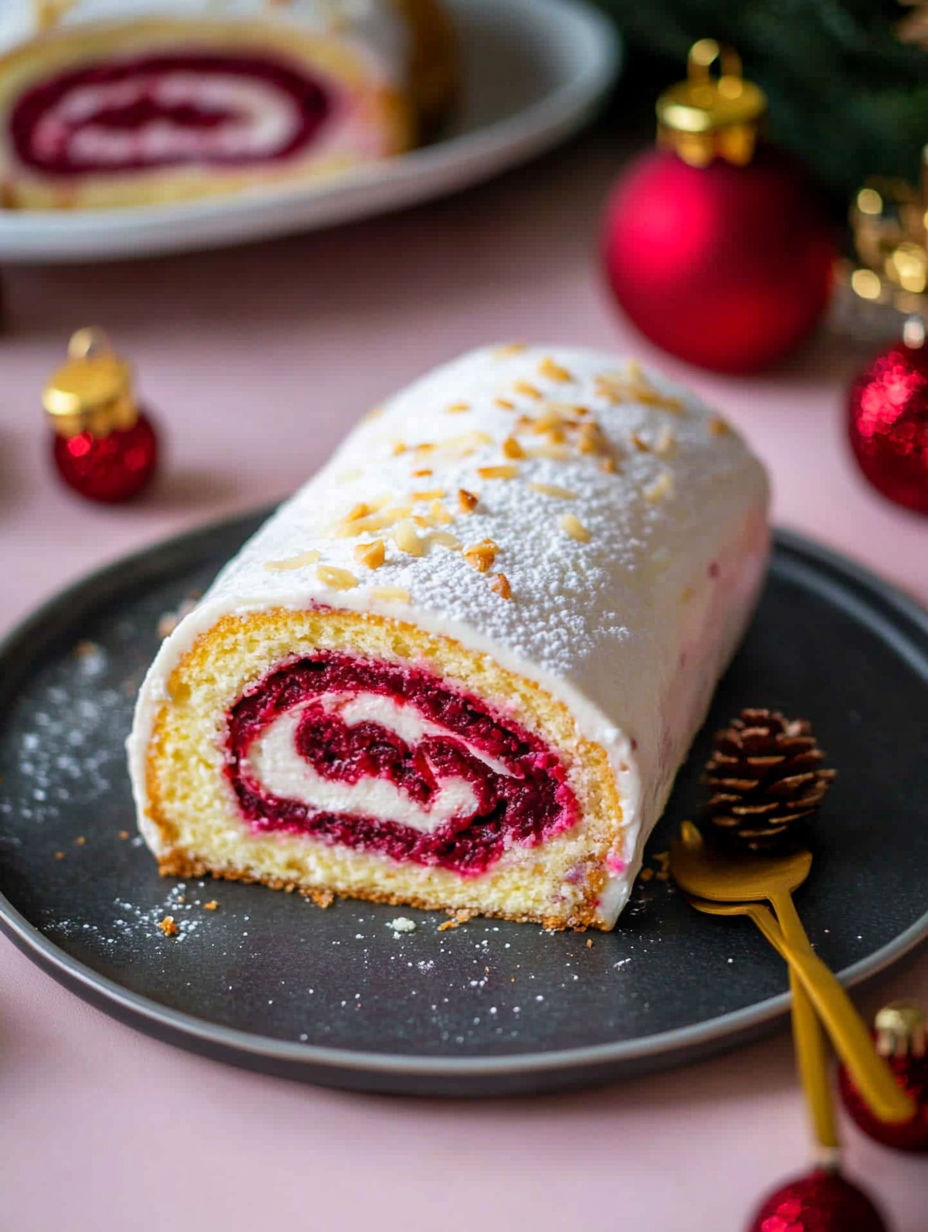 A cake with white frosting and red raspberry filling.