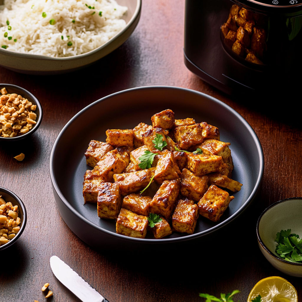 A plate of tofu satay is on a table.