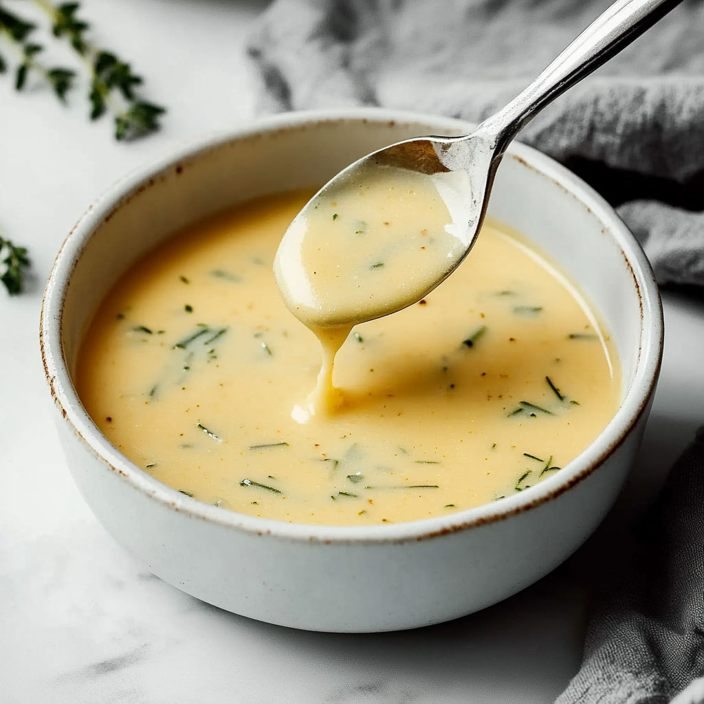 A spoon is in a bowl of sauce béarnaise.