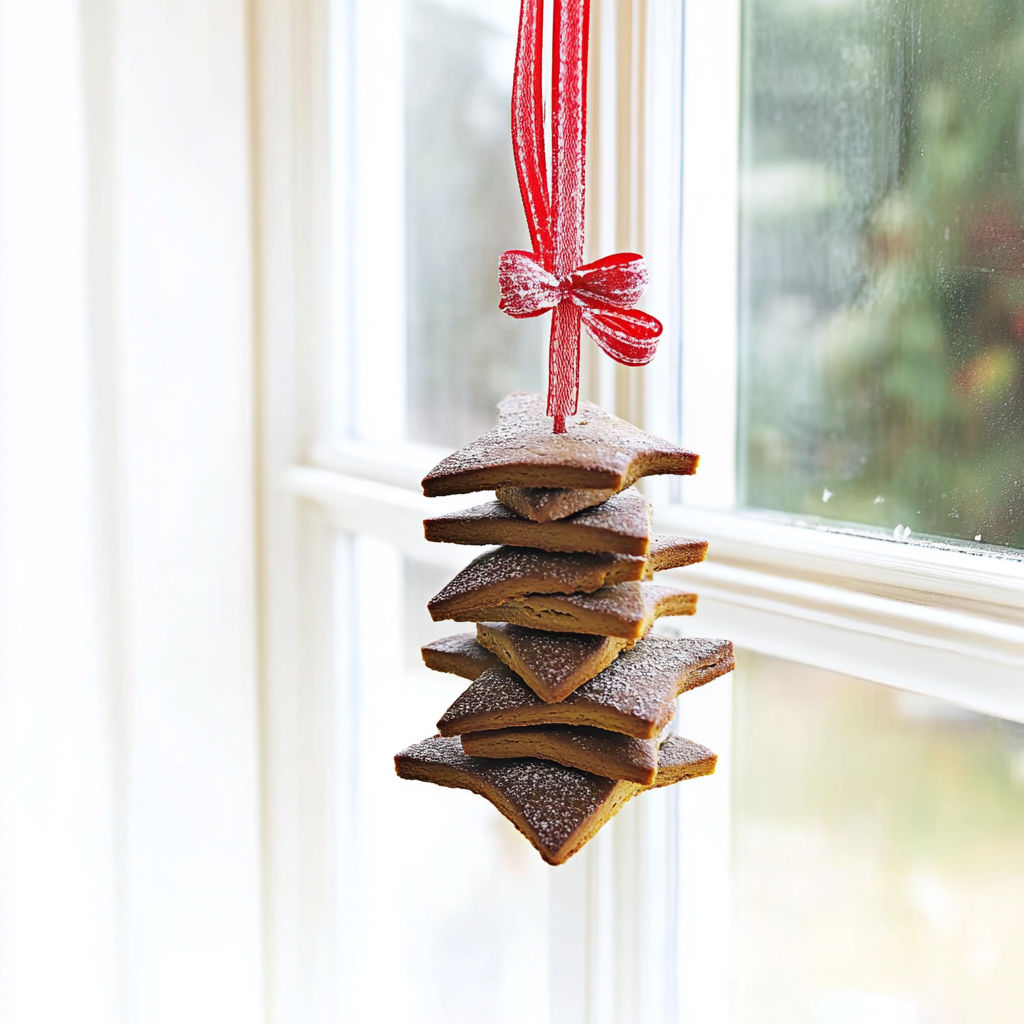 A stack of biscuits hanging from a string.