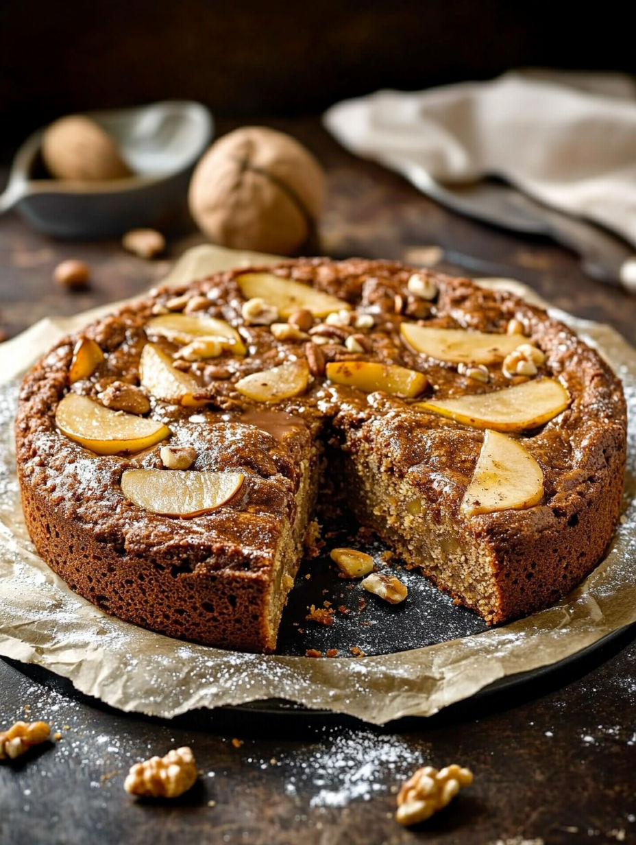 A slice of cake with nuts on top.