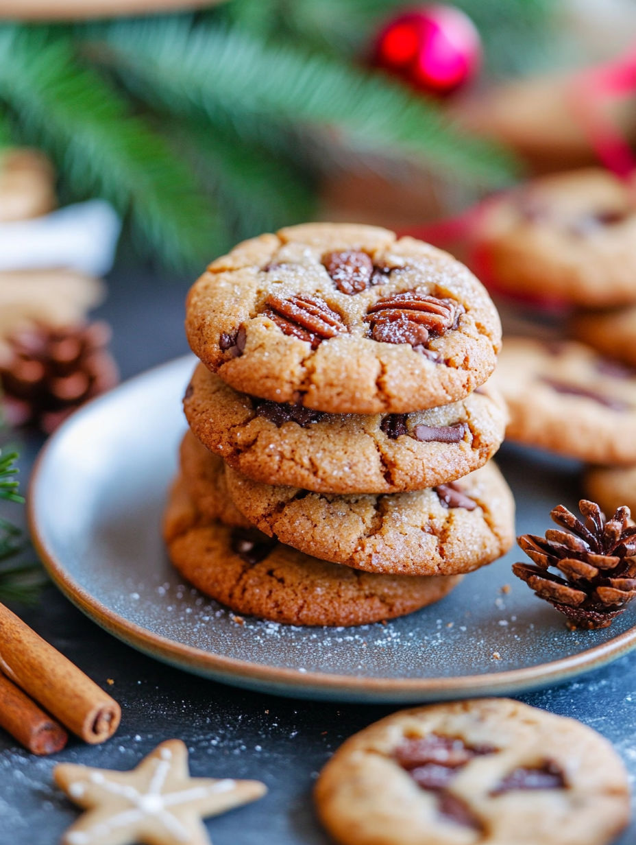 A plate of cookies with a pine tree in the background.