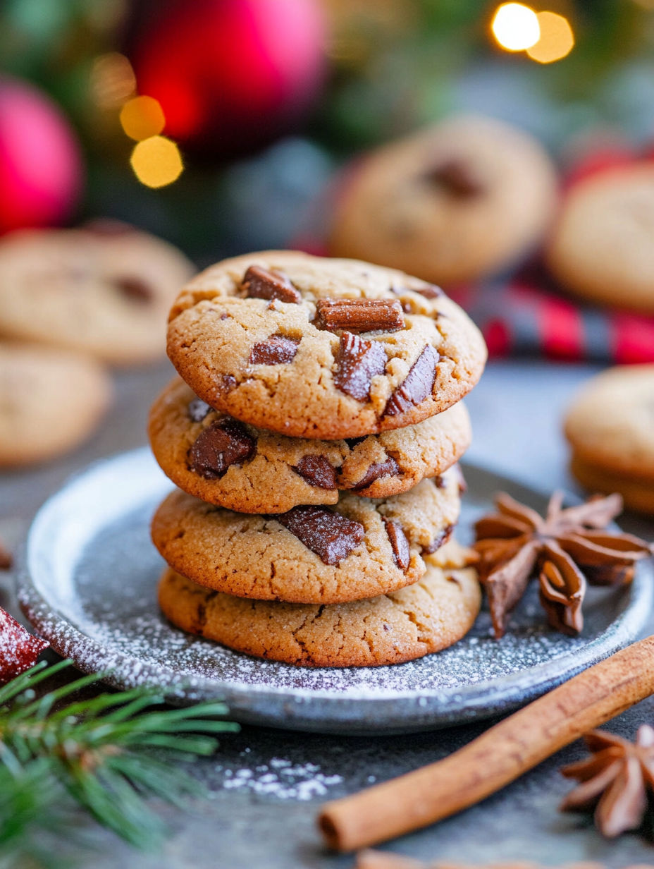 A stack of chocolate chip cookies.