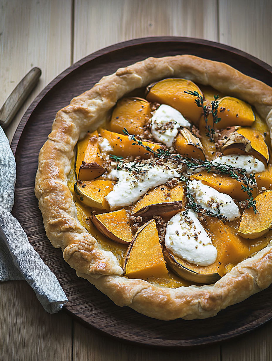 A pie with a crust and a filling of cheese and fruit.