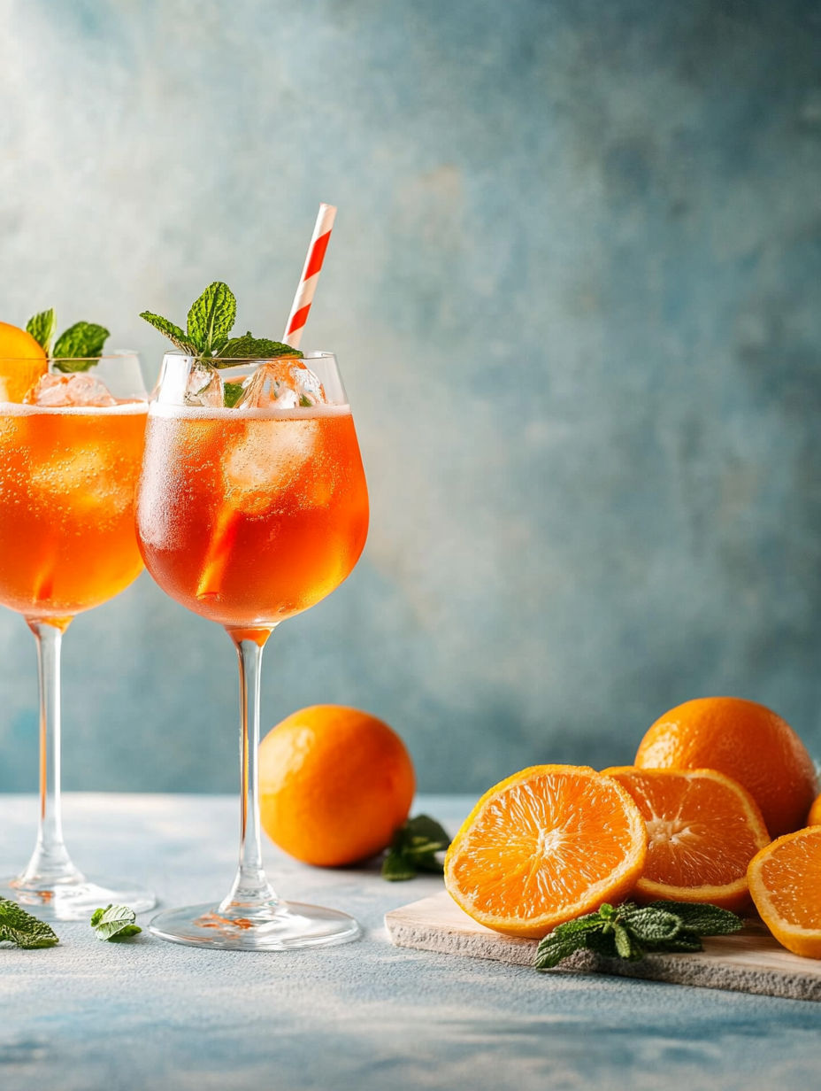 Two glasses of orange juice with straws in them.