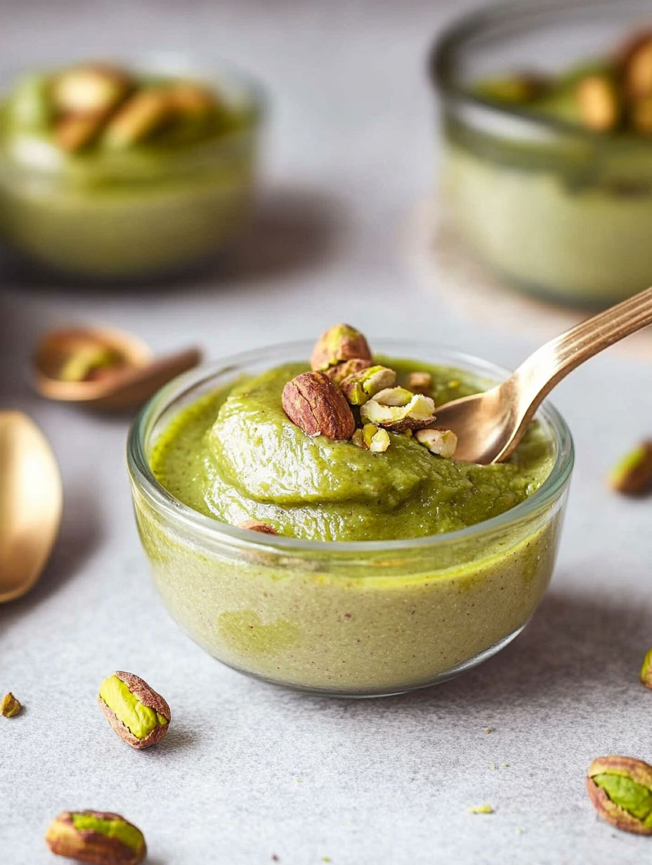 A bowl of green soup with nuts on top.