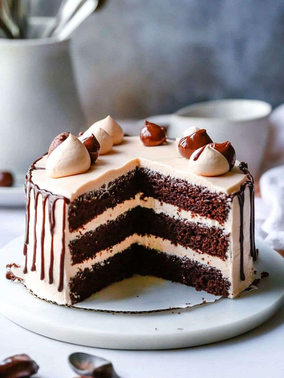 A slice of layer cake with white frosting and chocolate chips.