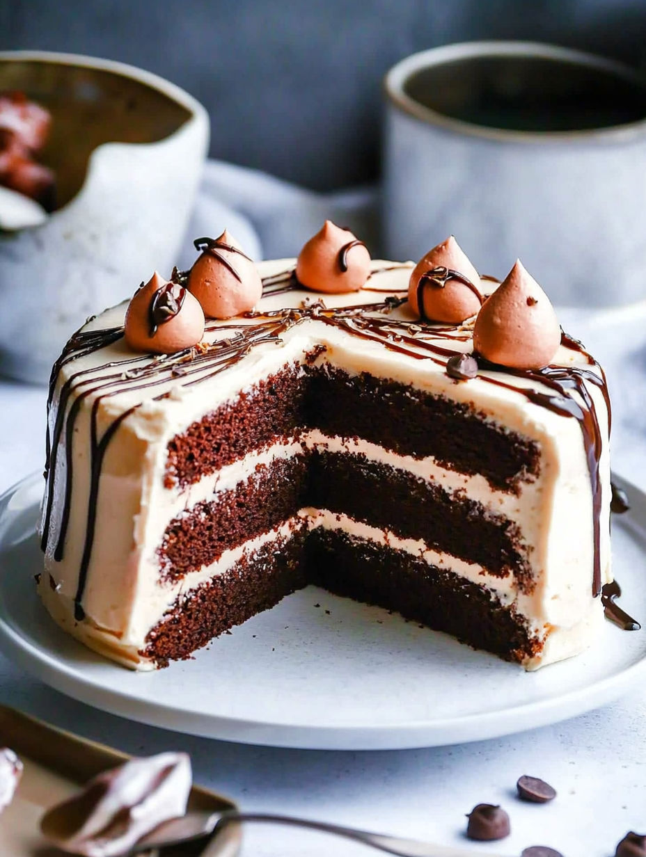 A slice of layer cake with chocolate and vanilla flavors.
