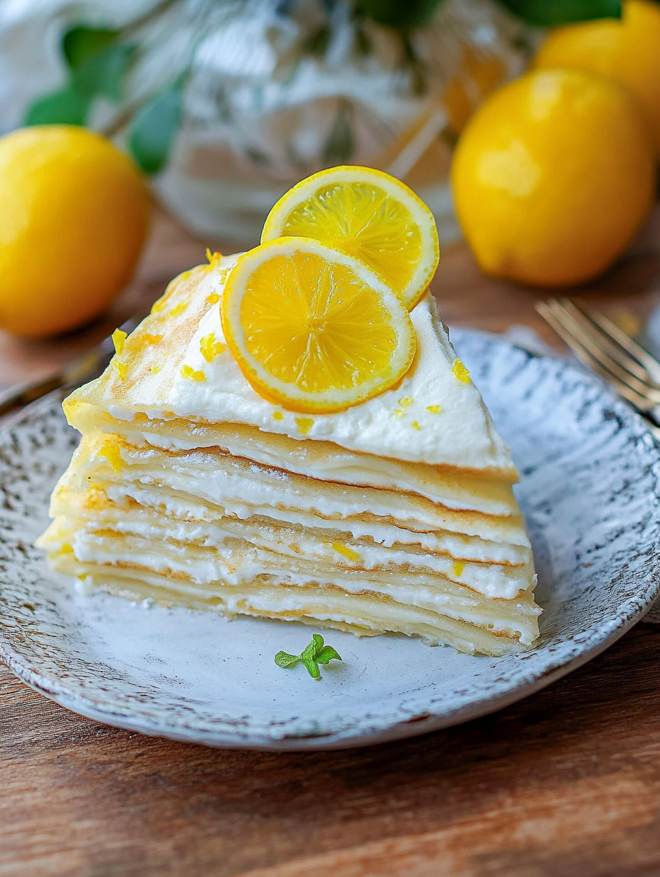A slice of lemon cake with lemon wedges on top.
