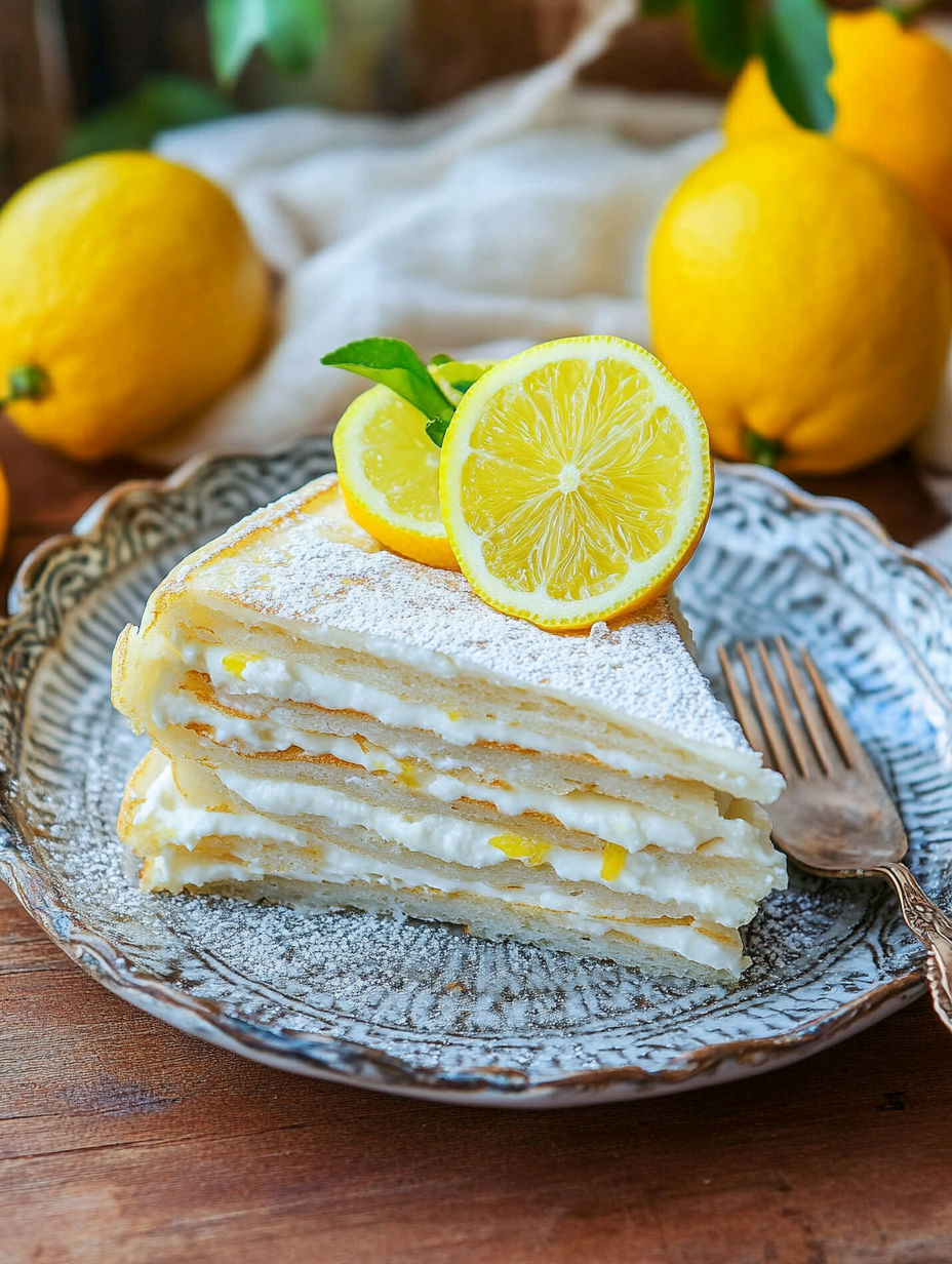 A slice of cake with lemon wedges on top.