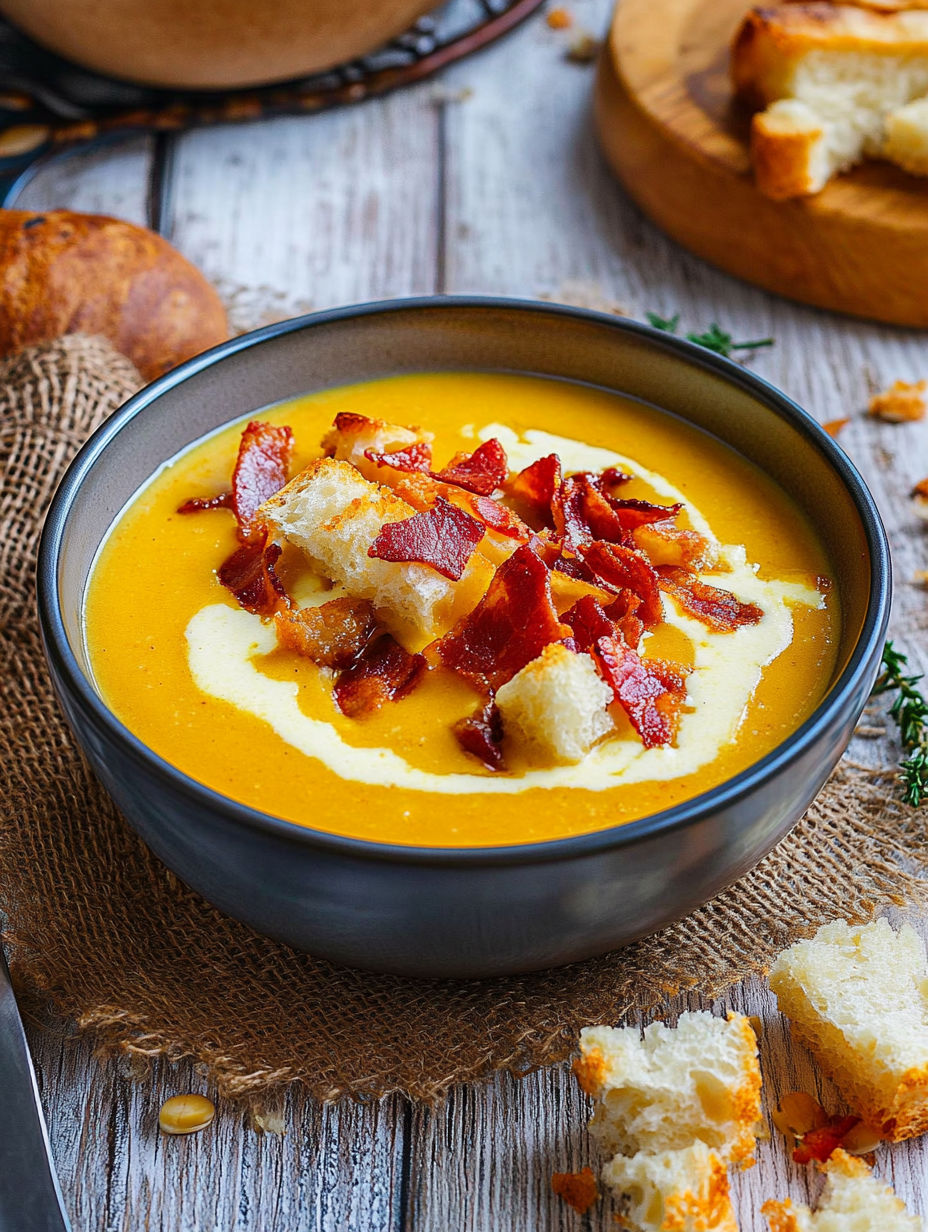 A bowl of soup with bacon and bread.