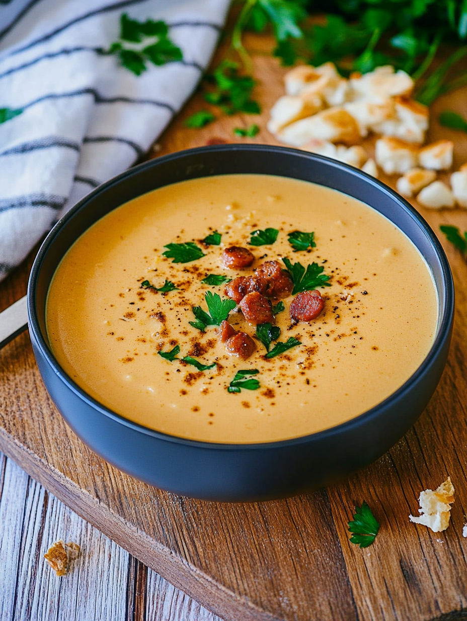 A bowl of soup with bacon bits and herbs.