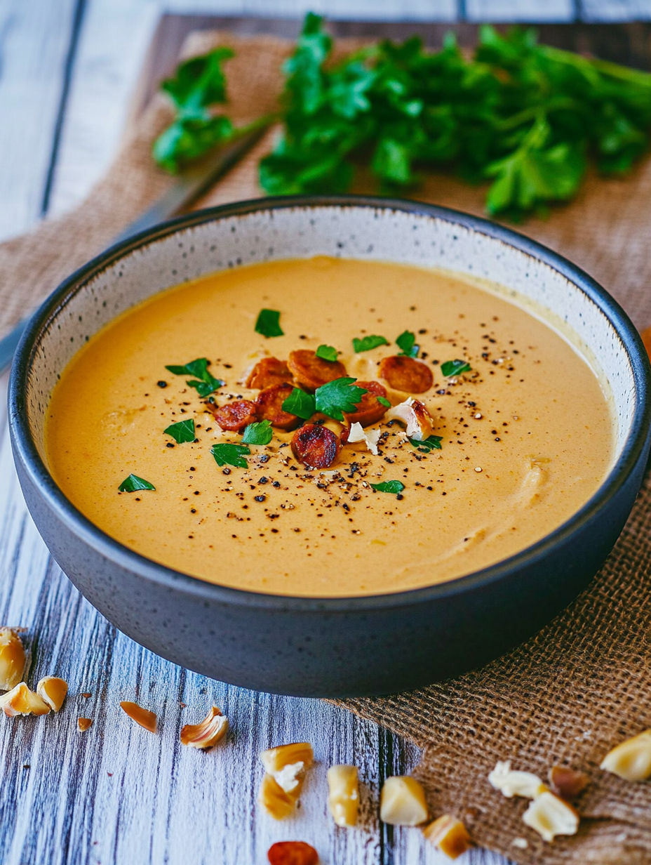 A bowl of soup with a spoon in it.