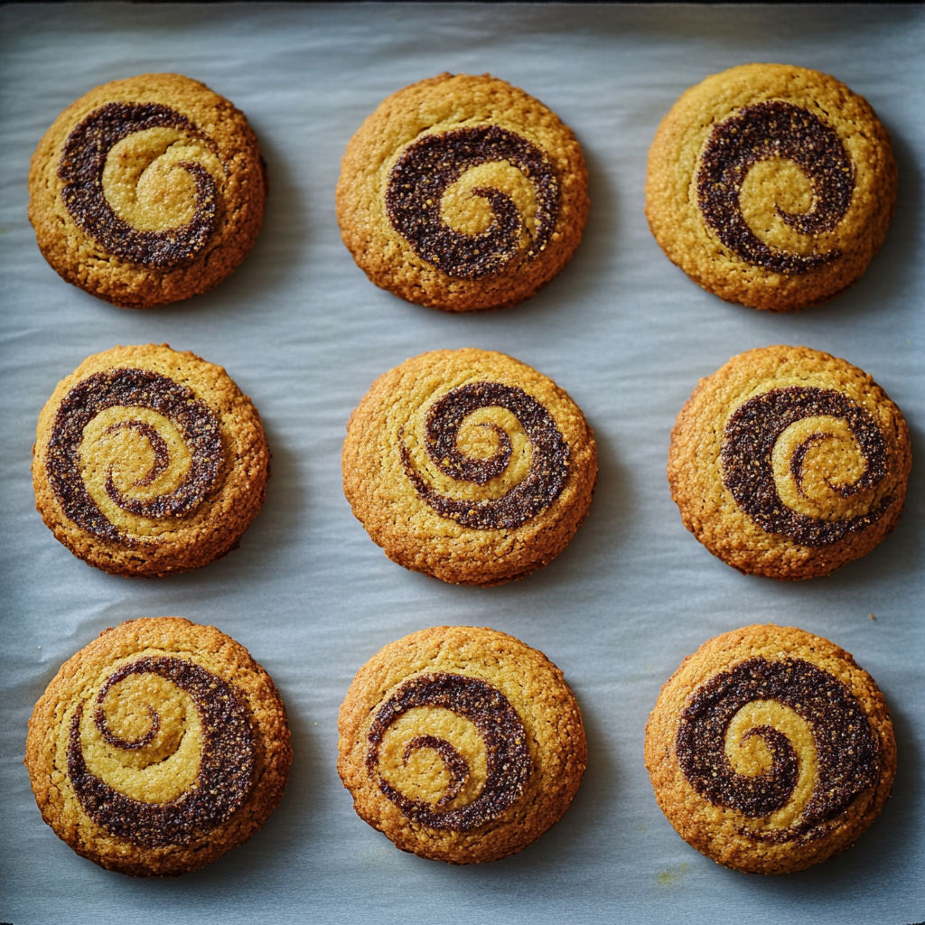 A tray of cookies with a swirl pattern.