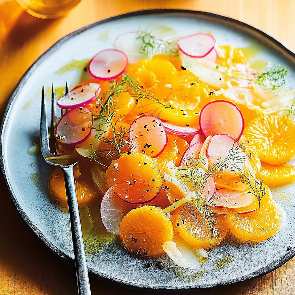 A plate of food with orange slices, carrots, and parsley.