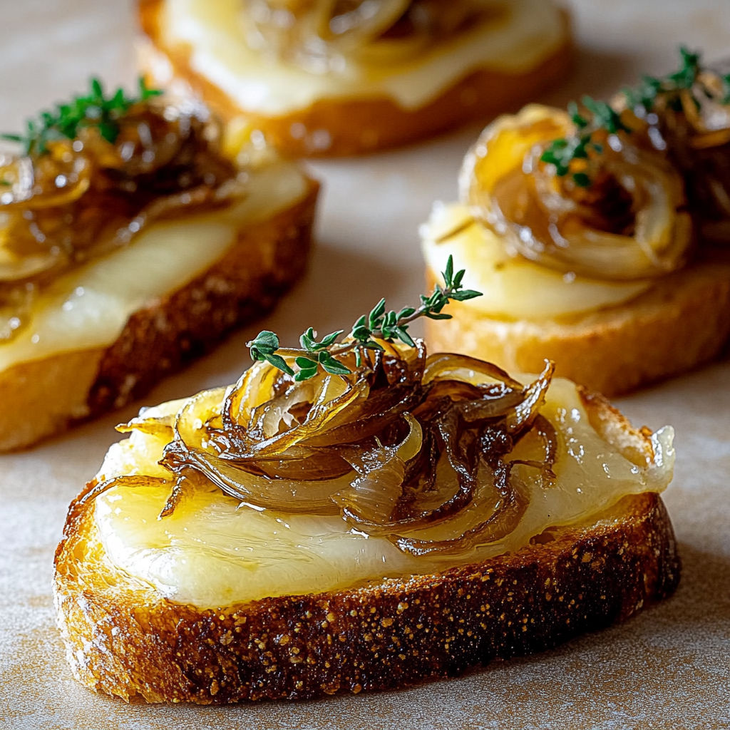 Bruschettas with onions and gruyere cheese.