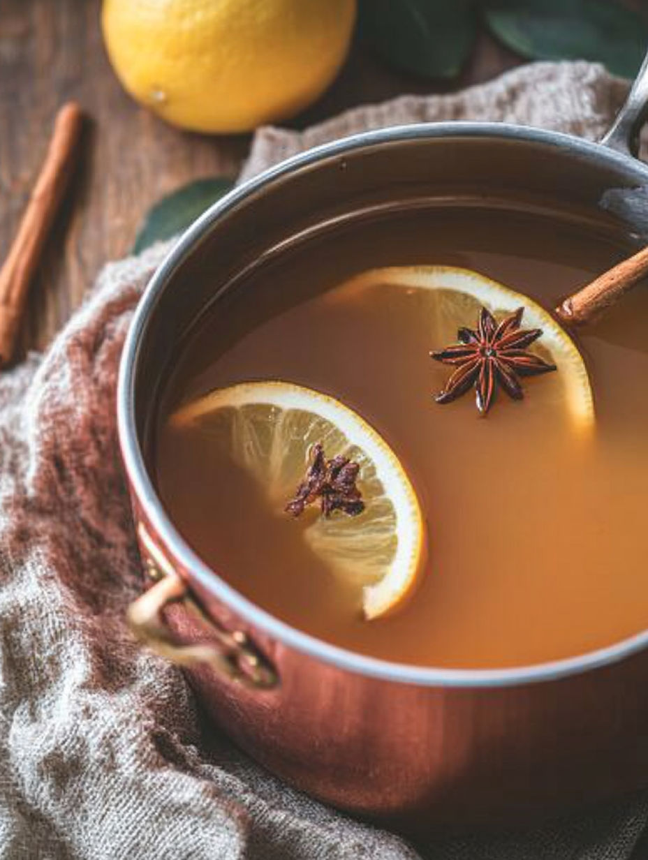 A pot of tea with lemon and star anise.