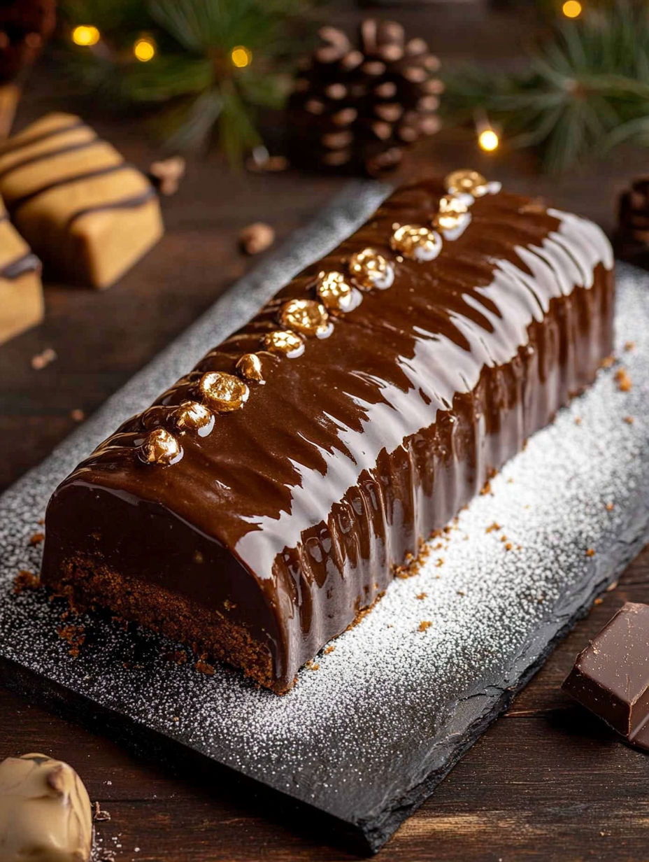 A chocolate cake with gold foil and white icing.