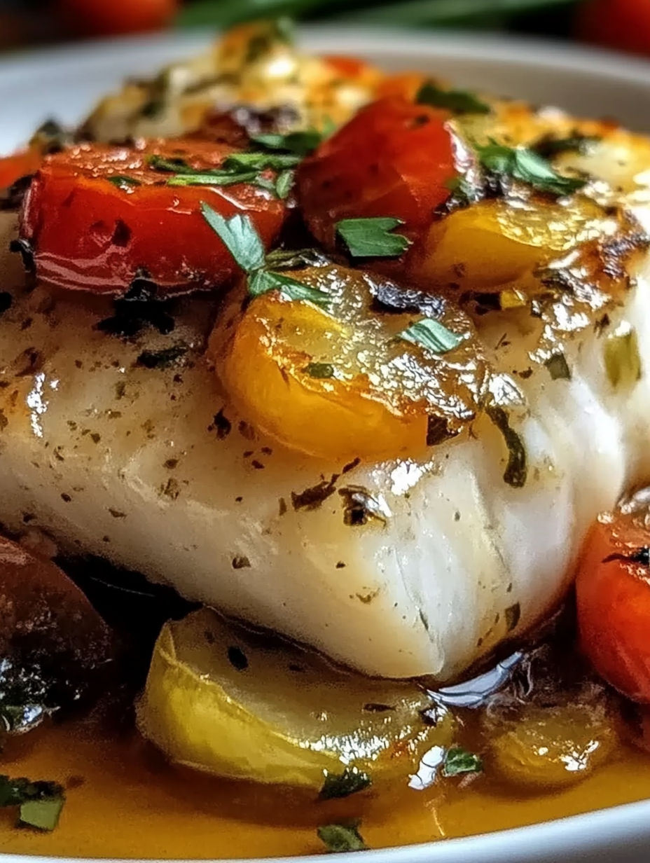 A close up of a piece of fish with tomatoes and herbs.