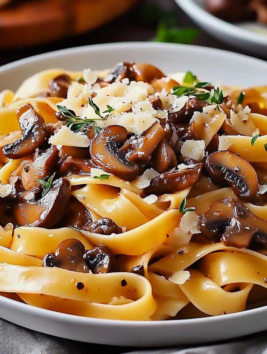 A bowl of pasta with mushrooms and cheese.