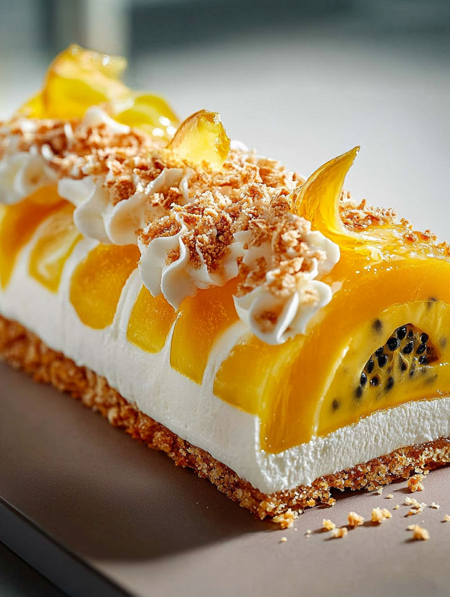 A slice of cake with a yellow fruit topping.